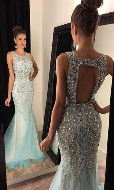 Sparkle Mermaid Backless Tulle Prom Dresses,tulle Evening Dress,tulle Formal Gown For Teens