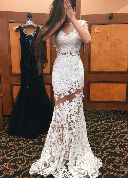 Mermaid Lace See-through White Long Evening/prom Dresses,lace Beach Wedding Dresses With Straps