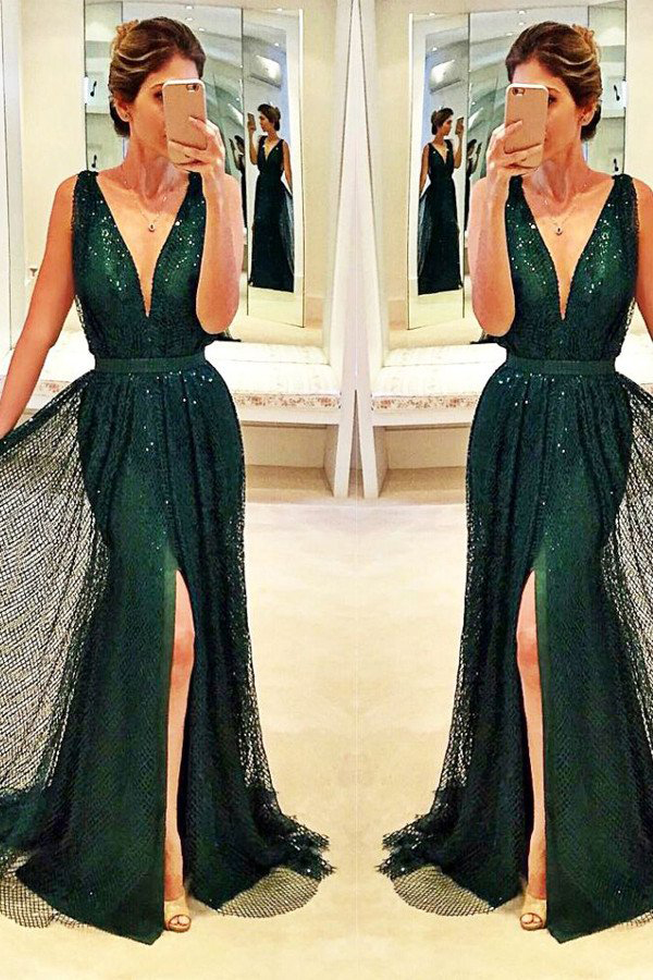 Sexy Deep V-neck Front-split Prom Dress,a-line Sleeveless Sequined Dark-green Prom Dresses