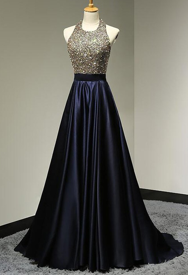 Beaded Halter Backless A-Line Long Prom Gown