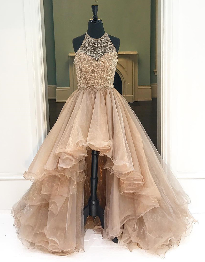 Prom Dress,champagne High-low Prom Dress Featuring Halter Neck Bodice,prom Gowns