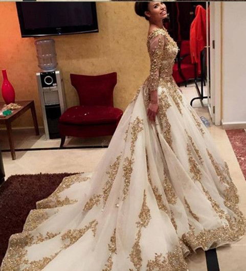 Fashion Sexy Gold Appliques Evening Dresses,pageant Prom Gowns,beading Long Sleeves Prom Dress