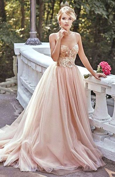 Modest Lace Prom Dress,blush Pink Sweetheart Prom Dresses,evening Dress,spaghetti Straps Tulle Evening Dresses