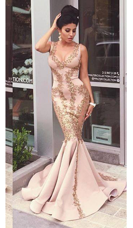 Lace Applique Mermaid Gold Prom Dresses,v Neck Ruffles Sexy Straps Long Evening Dress,party Dresses 2017