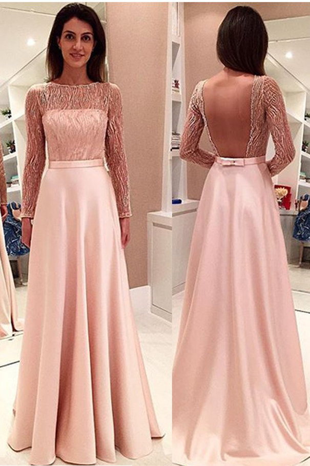 Glamorous Long Sleeve Lace Prom Dress,a-line Stain Open Back Prom Dresses Evening Dresses