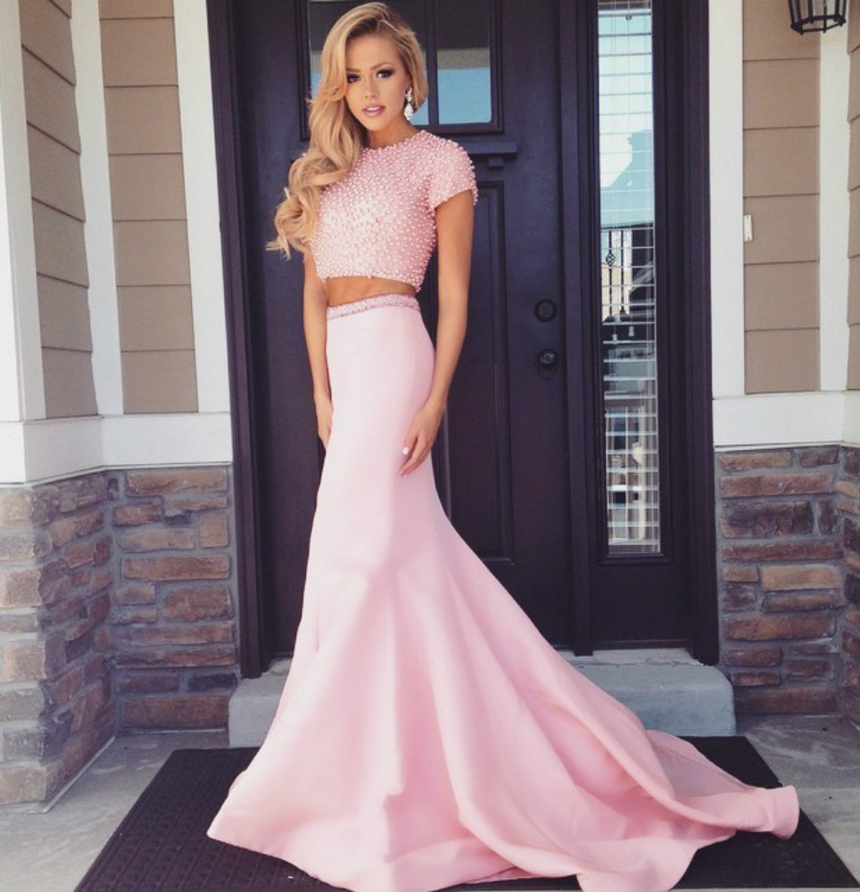 Two Piece Prom Dress,mermaid Pink Beading Prom Dresses,open Back Satin Prom Dress With Cap Sleeve