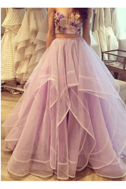 Light Lavender Pom Dress,two Piece Sweetheart Tulle Prom Dresses Embellished With Embroidery