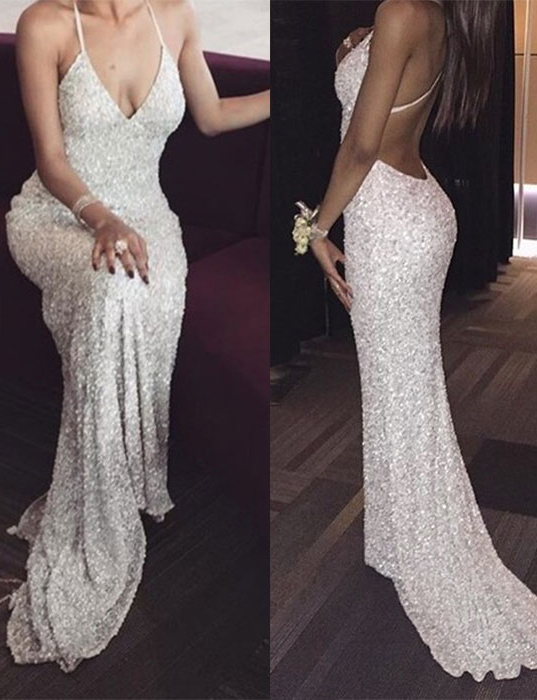 Deep V Neck Prom Dress,white Sequin Mermaid Long Prom Dresses For Teens,sexy Backless Evening Dress