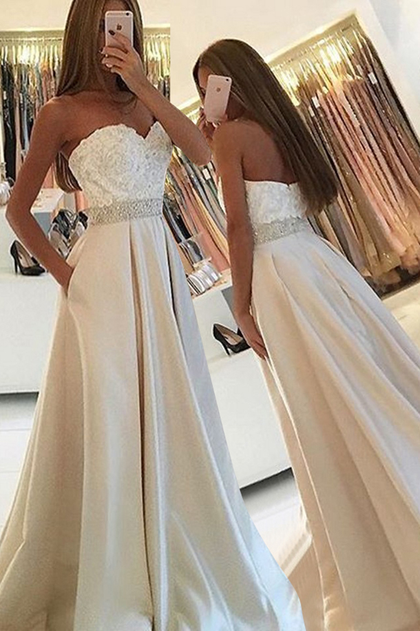 A Line Sweetheart Prom Dress With Beading,floor-length Satin Ivory Prom Dress With Lace