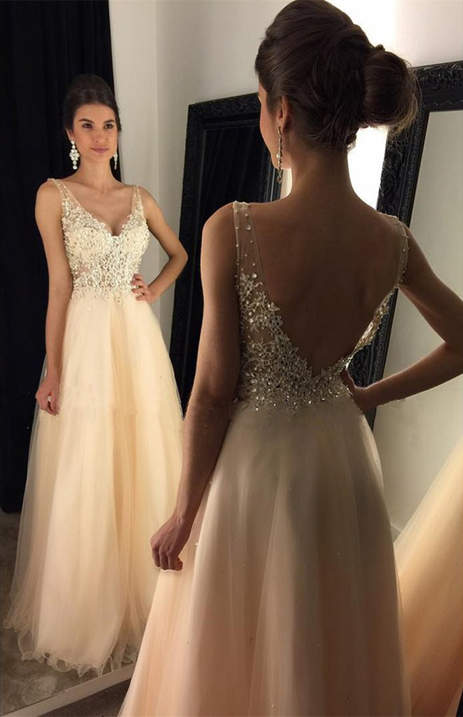 Newest V-neck Appliques Prom Gown,beaded Long A-line Beige Tulle Prom Dresses 2017