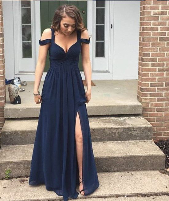 Sexy Navy Blue Prom Dress With Slitlong Graduation Dresseschiffon Formal Dress For Teens On Luulla