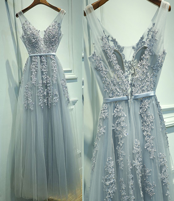 A-line V-neck Tulle Sleeveless Prom Dress,gray Blue Prom Dresses With Lace,v Neck Homecoming Dress,p153