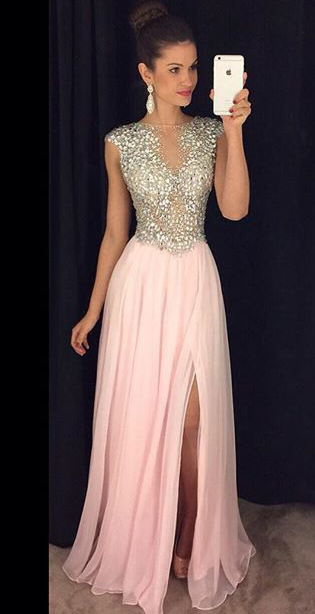 Sparkly A-line Pink Prom Dresses With Side Slit,prom Dress,long Chiffon Prom Dresses,cap Sleeves Prom Gown,senior Prom Dress