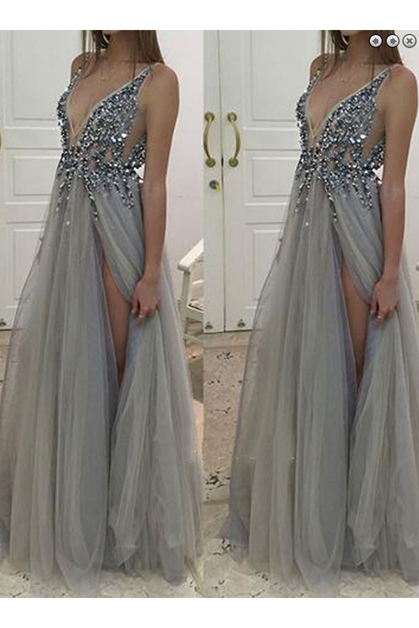Gray Deep V-neck Prom Dress,side Slit Prom Dresses,long Prom Dress With Crystals,tulle Prom Dress With V Back