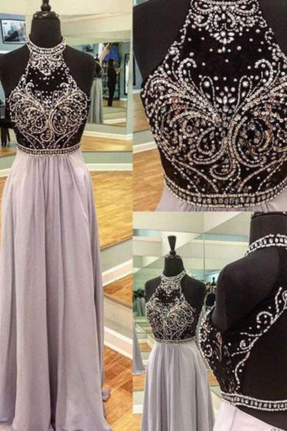 Luxury Chiffon Prom Dress,beading Prom Dress,backless Halter Prom Dress With Sequins,long Formal Dress