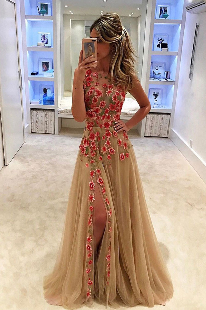 Unique Tulle Prom Dress,Applique Long Prom Dress With Side Slit,Sleeveless Prom Dress,Formal Dress,New Prom Dresses,P162