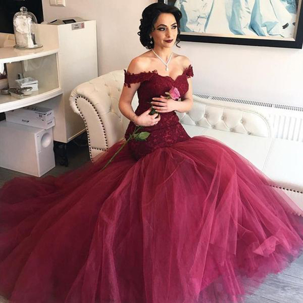 Elegant Burgundy Prom Dress,mermaid Prom Dress 2017,tulle Off The Shoulder Sweep Train Lace Top Prom Dress