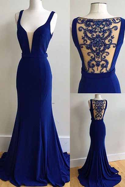 Elegant Royal Blue Prom Dress,chiffon Sleeveless Long Beading Prom Dress,mermaid See-through Back Evening Dresses