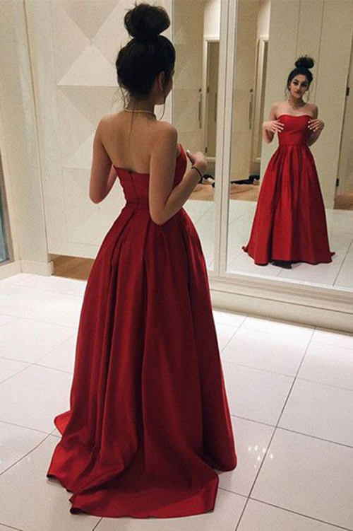 Red Long Prom Dresses,a-line Elegant Strapless Prom Dress,simple Prom Dresses,sweetheart Satin Dress For Prom 2017