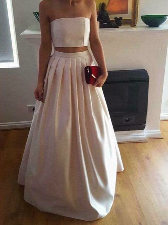 Sexy Two Piece Satin Party Dress,two Pieces Prom Dresses 2017,party Dresses With Pleat,satin Long Formal Gowns