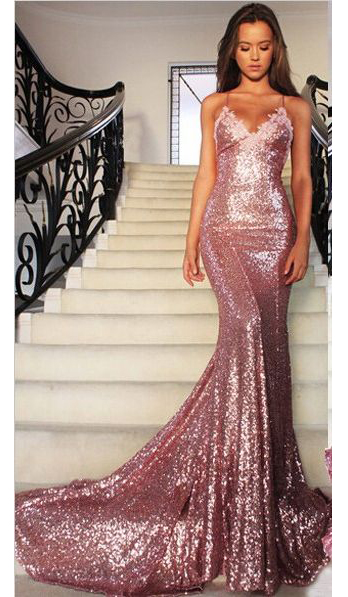 Gorgeous Mermaid Long Rose Pink Prom Dresses,v-neck Sequins Spaghetti Strap Evening Gowns,open Back Prom Gown,prom Dress With Court Train