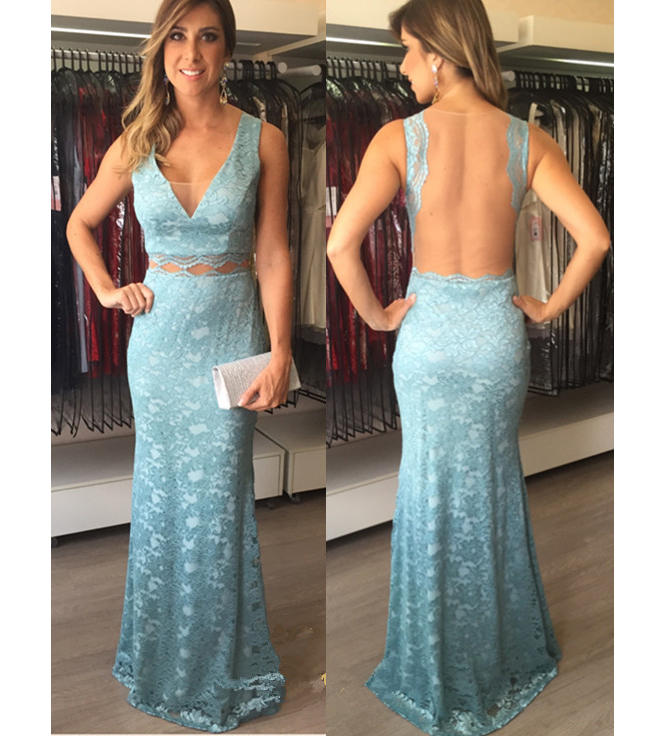 See-throuogh Back Prom Dress,2017 Empire V-neck Long Sheath Lace Evening Dresses,floor-length Sexy Prom Gowns,sleeveless Evening Gowns