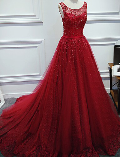 Luxurious A-line Beading Prom Dress,round Neck Red Long Prom Dress With Pearl,sleeveless Prom Gowm,v-back Prom Gowns