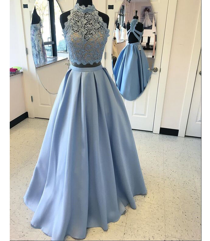High Neck Prom Gown,fashion Lace Top A-line Blue Prom Gowns,satin Long Prom Dress With Lace,sexy Backless Prom Dress,long Evening Dress,formal