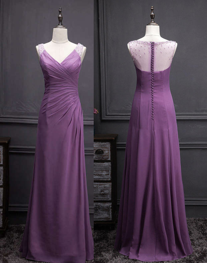 A-line Dark Purple Bridesmaid Dress With Beads,v-neck Sleeveless Bridesmaids Dresses,backless Party Dress,formal Dress,formal Gown,b001