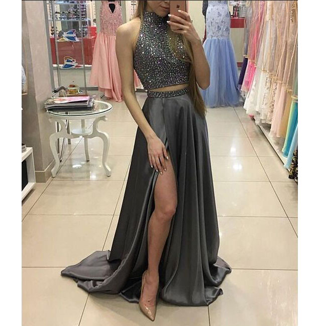 Two Pieces Prom Dress,beaded Prom Gown,high Neck Prom Dresses,front Split Prom Gown,long Evening Dress,modest Prom Dresses,sparkly Formal