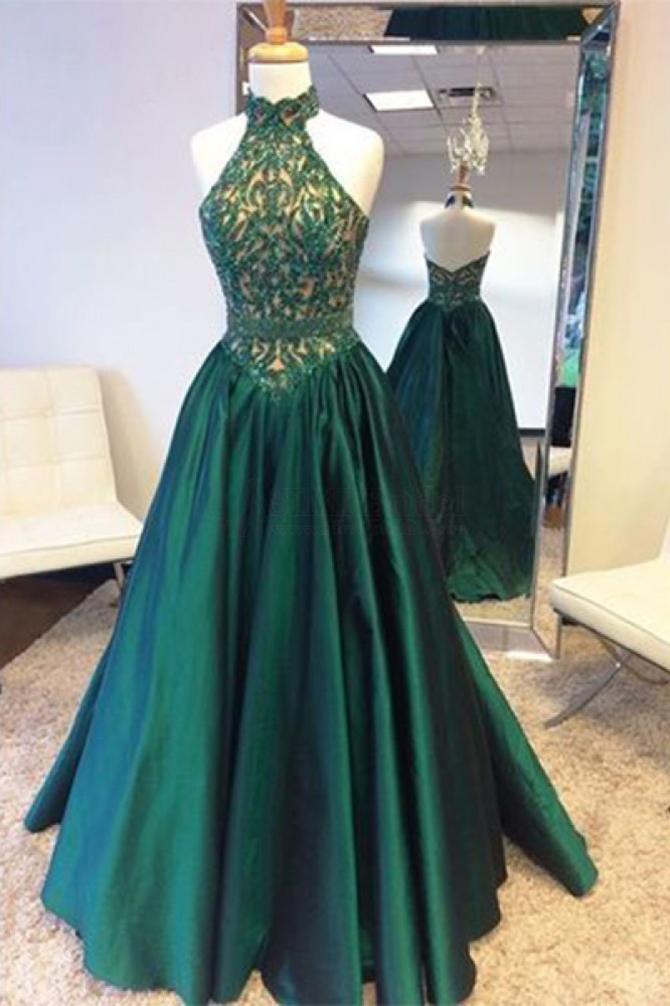A Line Halter Prom Dress,lace Bodice Prom Gown,long Prom Dresses With Appliques,floor-length Sleeveless Satin Evening Dresses,long Dresses,p019