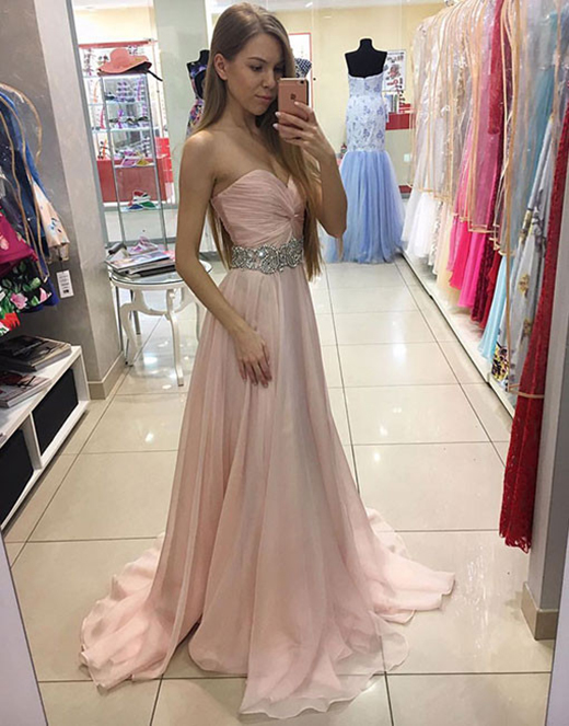 Sweetheart Prom Dress,sexy Chiffon Beaded Pink Prom Dress,long Strapless Prom Dresses,chiffon Formal Gown,long Party Dress With Draped