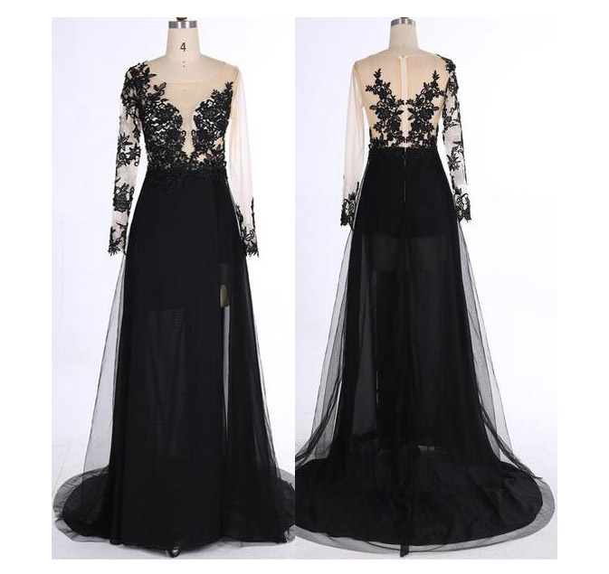 Long Sleeves Prom Dress,see-through Black V-neck Prom Dresses,tulle Evening Dress With Appliques,formal Dress,women Dress,party Gown,p021