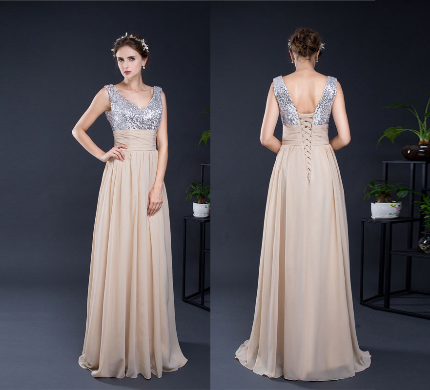 A-line V-neck Prom Dresses,sexy Sleeveless Prom Gown,long Chiffon Formal Dresses,sequined Prom Gowns,2017 Evening Dresses,floor-length Formal