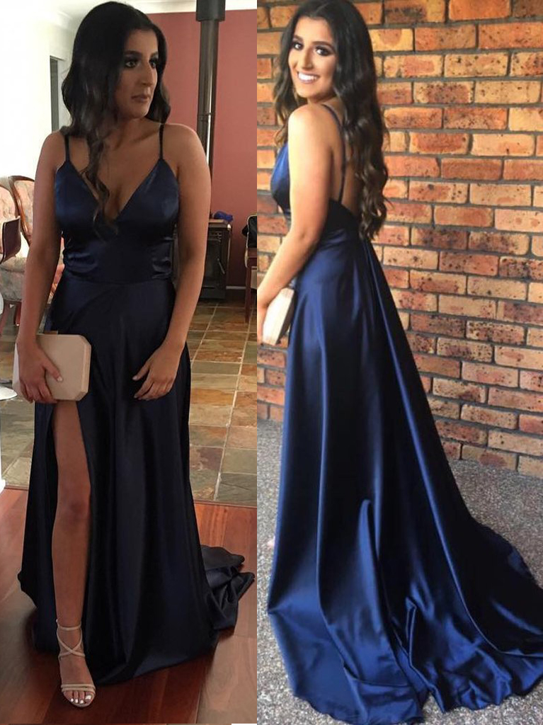 2017 Spaghetti Straps Prom Dress,sexy V-neck Prom Dresses,simple Backless Evening Dress,dark Navy Deep V-neck Split Long Prom Gowns With