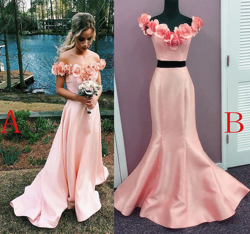 Off Shoulder Appliques Satin Mermaid Prom Dresses,mermaid Prom Dresses,two Piece Prom Dress,fashion Prom Dress With Floral Flower,sexy Party