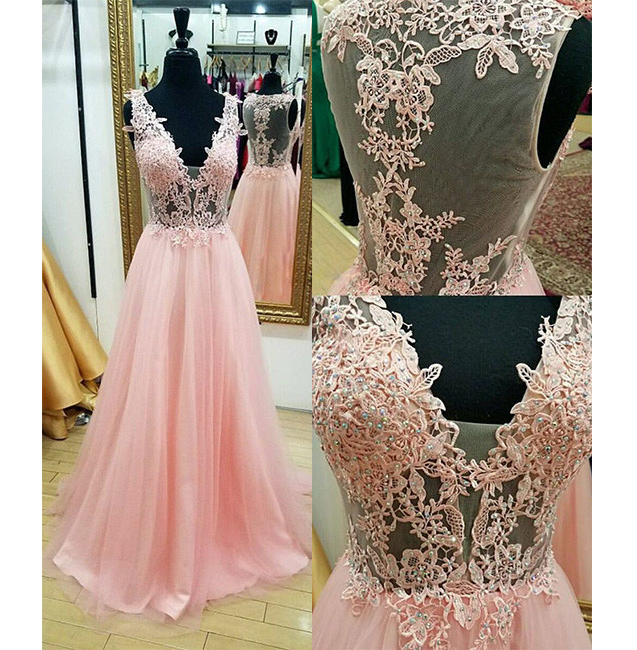 Lace Appliqued Prom Dress,v-neck Prom Dresses,see-through Bodice Pink Prom Dresses,long Formal Dresses,a-line Evening Dresses,long Prom