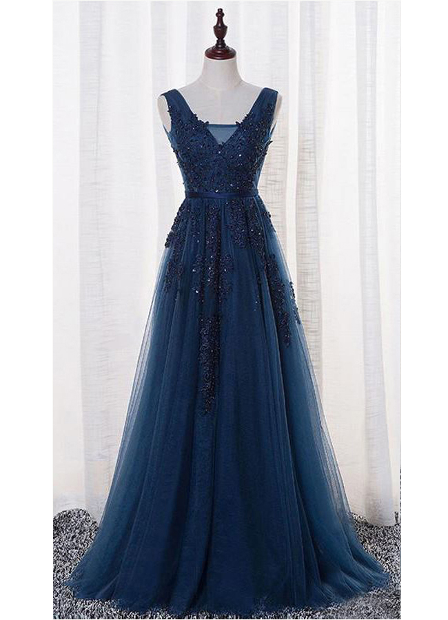 V-neck Prom Dress,a-line Tulle Prom Gowns,lace Appliqued Navy Prom Dresses,long Tulle Formal Prom Dresses,long Prom Dress,open Back Prom