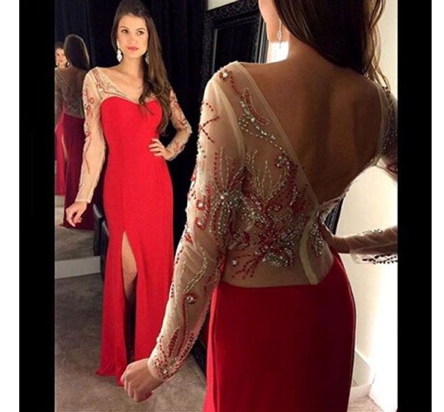 Red Prom Dress,Long Sleeve Prom Gown,Split V-neck Prom Dresses,Appliques Prom Gowns,Charming Party Dress,Unique Prom Dress,Backless Prom Dress With Beads,Long Evening Dress,P070
