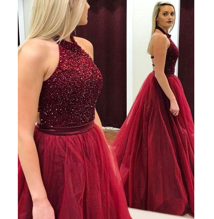 Charming Burgundy Halter Prom Dress,red Wine Tulle Prom Gown,halter Prom Dresses,beading Poofy Party Dresses,ball Gown Evening Dress,modest Party