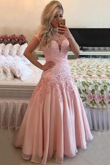 Open Back Prom Dress,A-line High Neck Prom Gowns,Chiffon Tulle Pearl Detailing Formal Dress,Short Sleeve Prom Dresses 2017,Evening Dress 2017,Party Dress.P076
