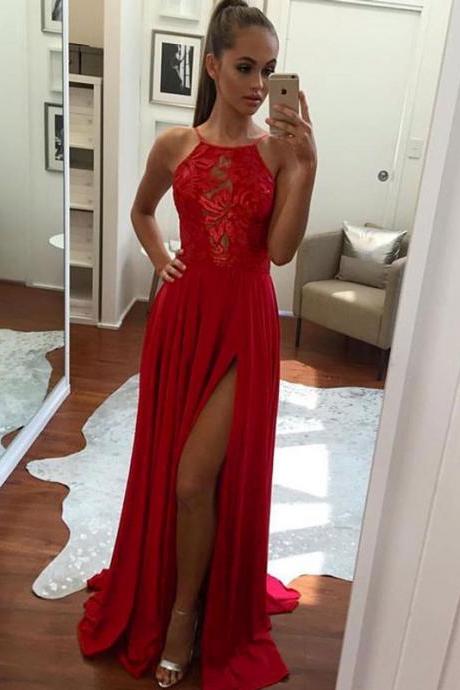 Unique Prom Gown,a-line Halter Prom Dress,sexy Split-front Evening Dress,red Chiffon Prom Dresses 2017,long Prom/evening Dress,long Prom