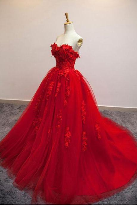 Hot Selling Wedding Dress,A-Line Wedding Dress,Ball Gown Wedding Dress,Poofy Sweetheart Bridal Dress,Red Floral Lace Long Wedding Dress,Strapless Red Tulle Wedding Dress,W012