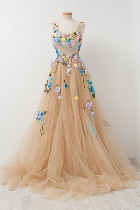 Champagne A-line Sleeveless Tulle Prom Gown With Embroidery,Sleeveless Prom Gown with Hand-made Flowers,Prom Dress,Evening Gown For Teens,Long Formal Dress,P083