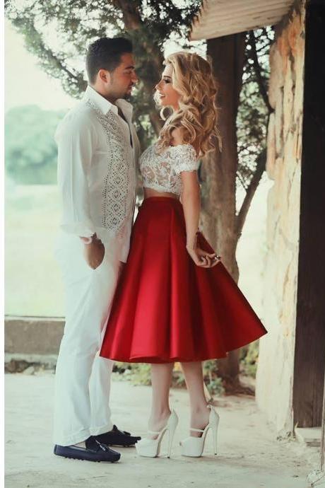 Two Piece Lace Homecoming Dress,tea Length Satin Prom Dress,two Piece Prom Dress,off-the-shoulder Short Sleeves Red Homecoming Dress,sexy A-line