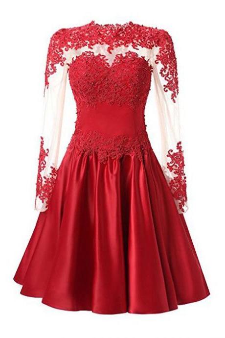A Line Homecoming Dress,long Sleeves Short Prom Dress With Applique,see Through Cocktail Homecoming Dresses,short Red Stain Graduation Gowns,h005