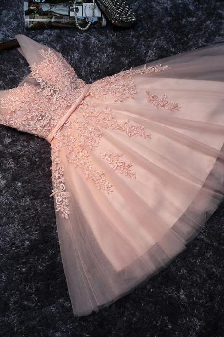 Princess Lace Appliqued Homecoming Dress,tulle Homecoming Dress,blush Pink Short Bridesmaid Dresses,short Prom Dress,short Graduation Dress,mini