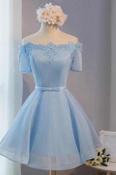 Elegant Homecoming Dress,a-line Off-the-shoulder Short Prom Dresses,above-knee Blue Homecoming Dress With Belt,appliqued Prom Dress,graduation