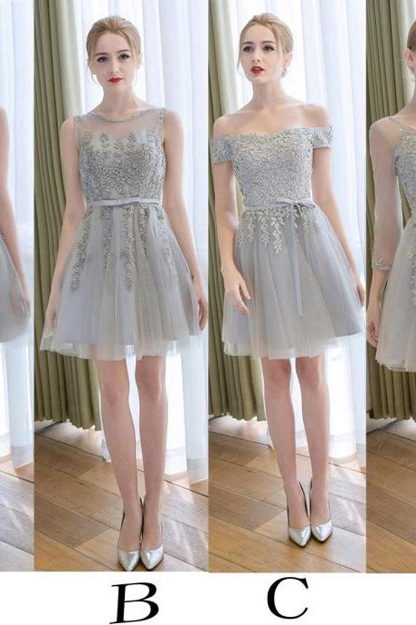 Gray Short Bridesmaid Dress With Belt,tulle Bridesmaids Dresses,appliqued Bridesmaid Dress,short Prom Gown,short Graduation Dress,homecoming