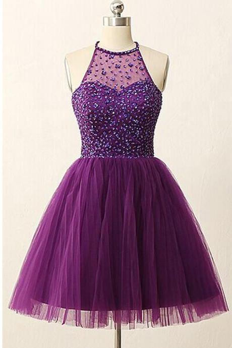 High Quality Homecoming Dress,Chic Jewel Sleeveless Homecoming Dresses,Open Back Illusion Back Purple Homecoming Dress with Sequins Crystal,Tulle Short Prom Dress,Purple Graduation Dress,H013